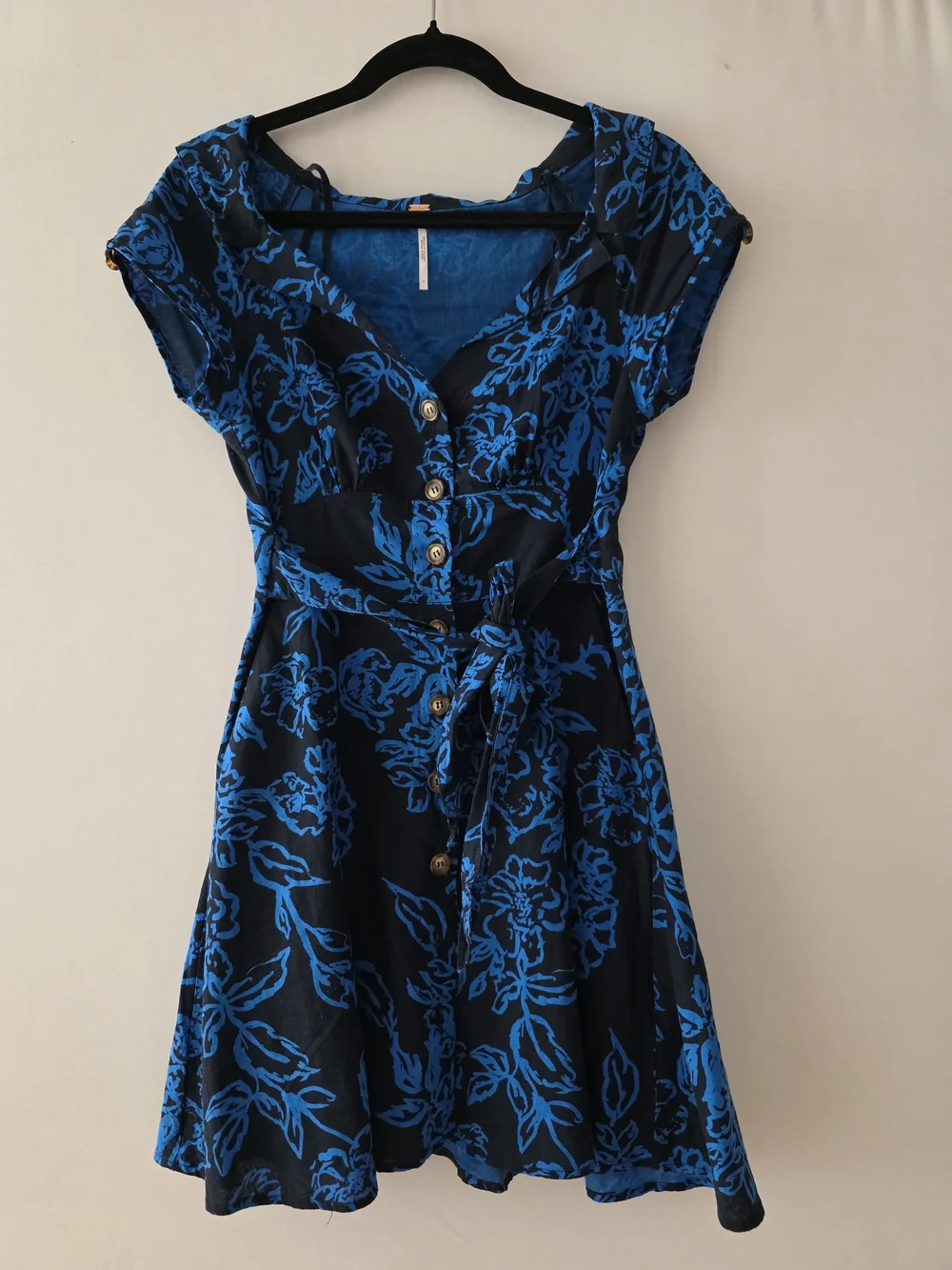 Free People Black Dress with Vibrant Blue Floral Print and Tie Waist